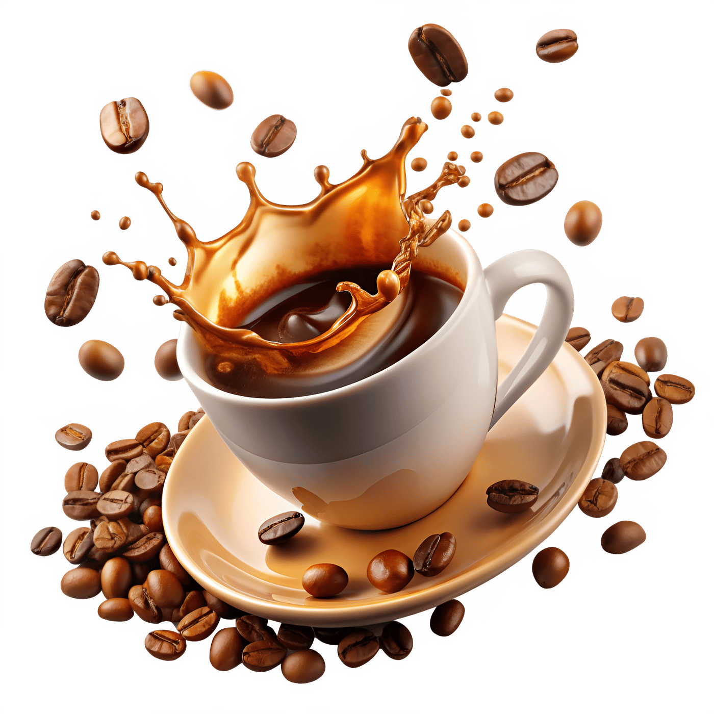 Tazzina di caffè OrCafé con spruzzo dorato e chicchi in volo